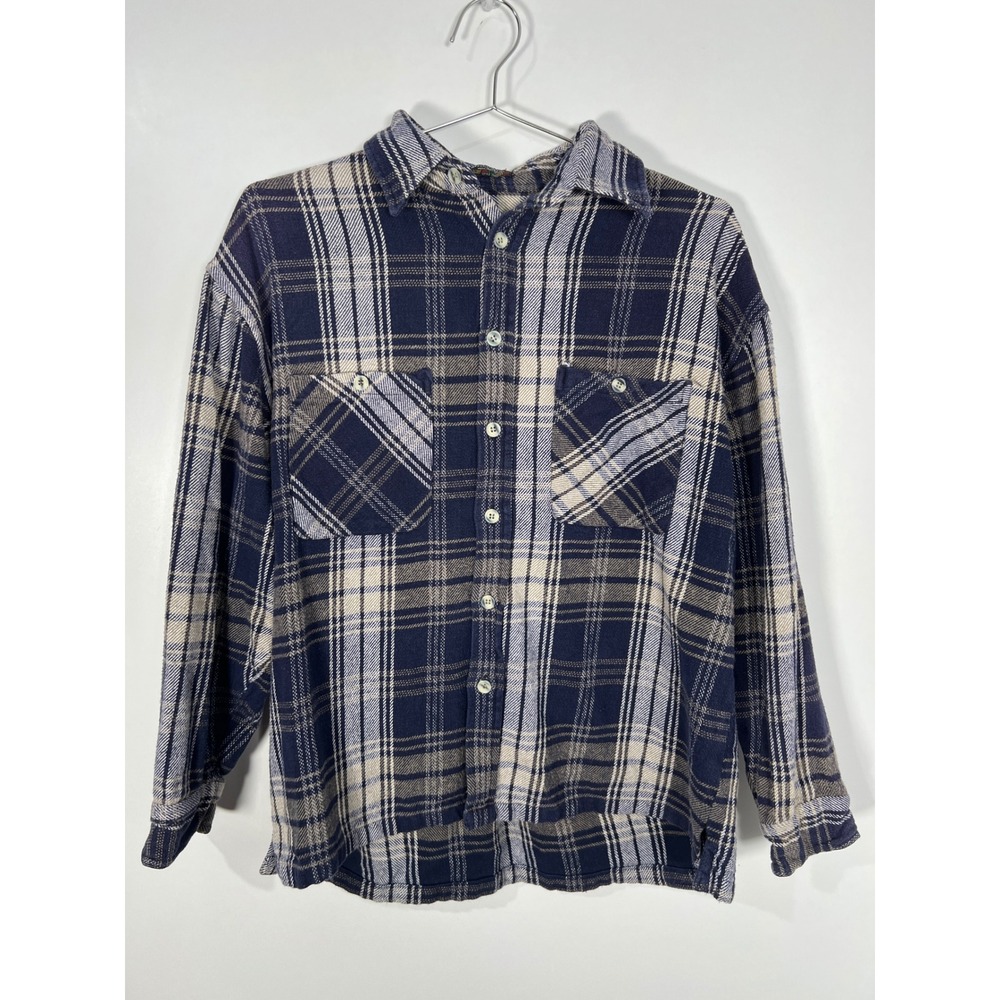 Vintage Gorpcore Blue Plaid 100% Cotton Flannel Button Down Shirt Grunge M